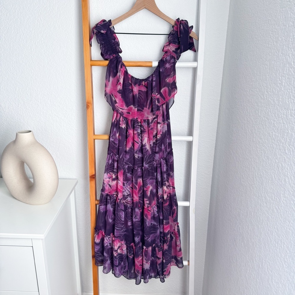 MISA Los Angeles Micaela Dress in Purple Pink Floral Off The Shoulder Ruffle - Picture 5 of 12
